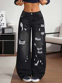 SHEIN Women's Fashion Casual Gothic Dark Wide-Leg Jeans - Black - View 1