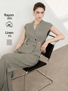 SHEIN Stylify 女士亚麻高领叠层领双排扣腰带金属扣装饰蝙蝠袖衬衫搭配前拉链宽松阔腿裤两件套，优雅法式复古浪漫通勤商务休闲海滩度假街头风穿搭，春夏新款 - 綠色 - 查看 1