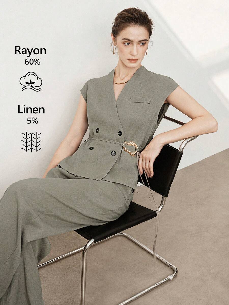 SHEIN Stylify 女士亚麻高领叠层领双排扣腰带金属扣装饰蝙蝠袖衬衫搭配前拉链宽松阔腿裤两件套，优雅法式复古浪漫通勤商务休闲海滩度假街头风穿搭，春夏新款 - 綠色 - 查看 1