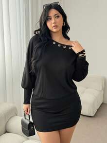 Auralis 大码女式休闲时尚街头风日常通勤连衣裙，饰有金属孔眼，不规则领口灯笼袖修身设计，春秋季款 - 黑色 - 查看 3