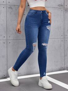 SHEIN Tall Quần jeans nữ dáng ôm, rách, có túi, phong cách thường ngày, đa năng. - Rửa tối - Xem 5