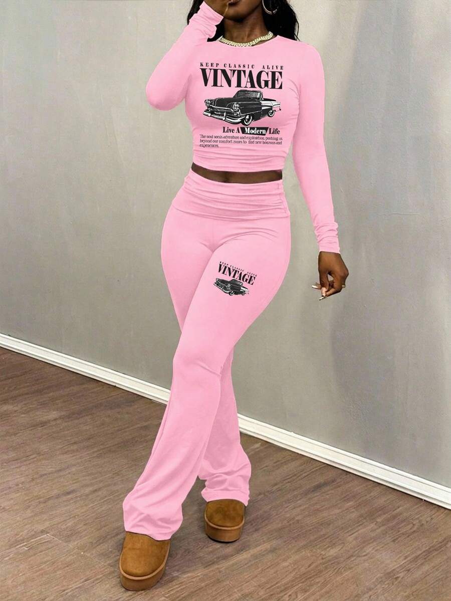 Slaydiva 2025fall Clothes For Women/Winter Clothes For Women/Sets 2 Piece Women/Flare Jeans/Long Sleeve Tops/Casual Round Simple Collar Long Sleeve Yoga Pants Short Pleated Top Yoga Wide Leg Pants Flared Pants Trousers Women's Two Pieces Suit/Y2k Clothes/Streetwear/Going Out Tops Women/Vintage Car Graphic Carnival - Baby Pink - View 1