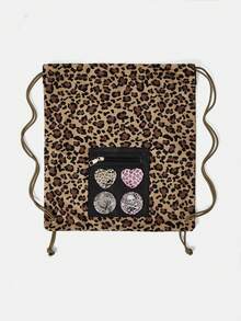ROMWE Anime 1Pc Coffee Retro Leopard Print Pattern With Leopard Print Round Love Badge Pendant Design Large Capacity Multi-Pocket Drawstring Backpack, Casual Fashion Bag, Suitable For Vacation, Campus, Party, Fashionable Leopard Print Women's Bag - coffee color - View 2
