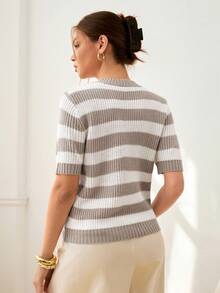 Ritzy Row 时尚撞色条纹休闲女式针织毛衣，秋冬款 - 彩色 - 查看 4