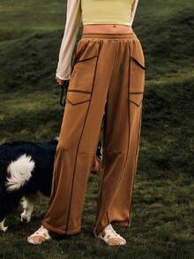 Medorelle 女士休闲百搭阔腿裤，撞色缝线设计 - 咖啡棕 - 查看 4