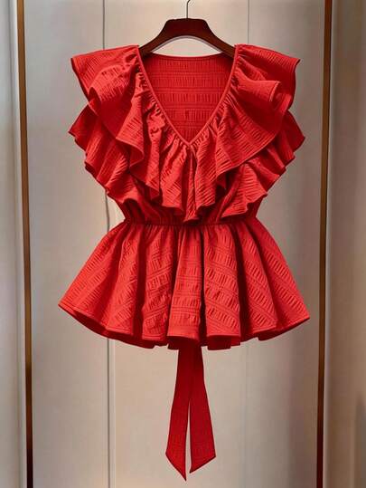 GlowEve CURVE Plus Size Women's Ruffle Hem Tie Waist V-Neck Blouse, Red, Suitable For Dates, Parties, Vacations, Eye-Catching