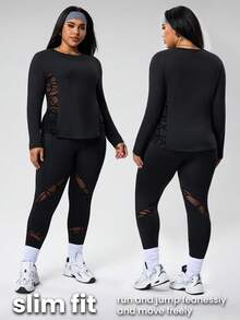 Rhythm Era Bộ đồ thể thao 2 món cỡ lớn, màu trơn, cổ tròn, tay dài, thoải mái, thoáng khí, thường ngày. - màu đen - Xem 2