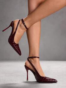 CUCCOO SZL Pointed Toe Stiletto High Heel Black Glossy Fabric Fashion Versatile Sexy Party Ankle Strap Women's High Heel Pumps, Women's Backless Pumps For Christmas - 7639 Stone pattern burgundy 96 - View 3