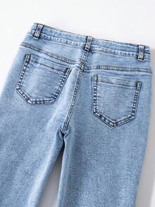 SHEIN Girls' High Waist Retro Washed Blue Flared Jeans, Children Elastic Slim Fit Ripped Distressed Casual Everyday Versatile Denim Flare Pants - Light Wash - View 8