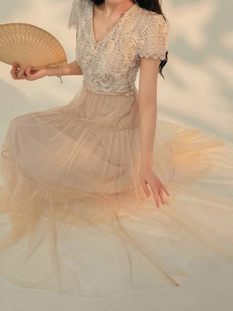 Women's Casual Elegant Mesh Patchwork Mid-Length Dress, Summer Sundress