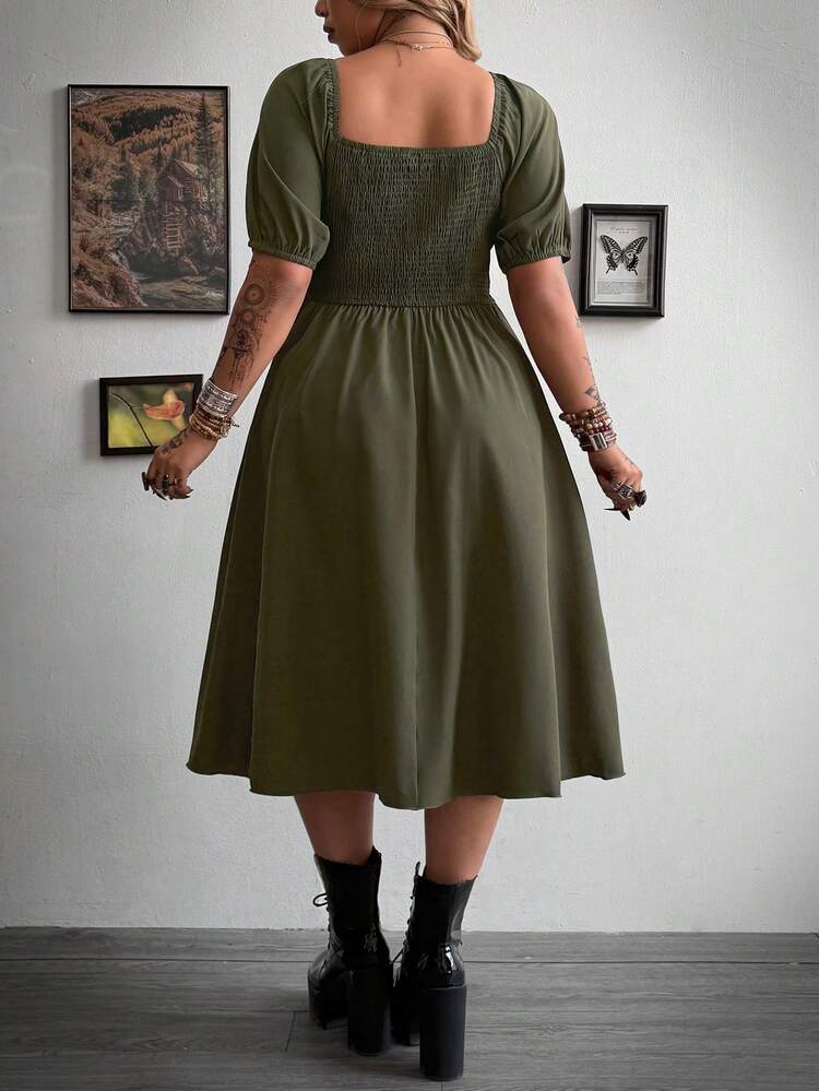 Whyspr Plus Size Army Green Short Sleeve Casual Minimalist Midi Dress, Suitable For Commuting - Army Green - View 6