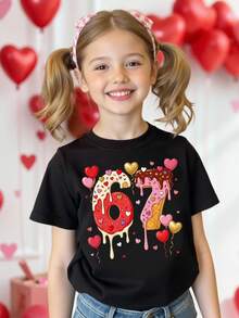 SHEIN GraphicGems 春夏少女休闲时尚创意个性清新别致简约数字67冰淇淋华夫饼彩色糖屑爱心印花舒适基础款短款T恤，适合春夏、情人节氛围、派对上衣、少女生日礼物等场合。 - 黑色 - 查看 8