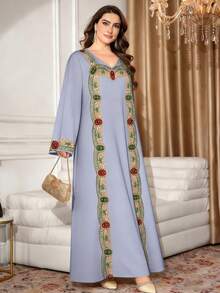SHEIN Najma Đầm maxi dài tay cổ chữ V thanh lịch kiểu Ả Rập dành cho nữ cỡ lớn, họa tiết kim cương giả thêu, thích hợp cho mùa xuân/hè. - Nhiều màu - Xem 5