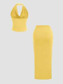 Sweetra 深V领露背吊带上衣和侧开衩半身裙套装 - 黃色 - 查看 2