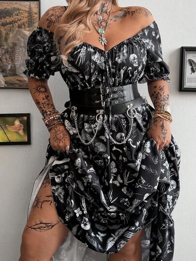 Whyspr Plus Size Women Butterfly & Skull Print Waist Cinched Puff Sleeve Party Dress