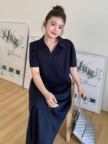 Dazy Plus Đầm thun ngắn tay cổ polo màu trơn dáng suông dành cho nữ cỡ lớn, thích hợp mặc mùa xuân/hè. - Màu xanh hải quân - Xem 5