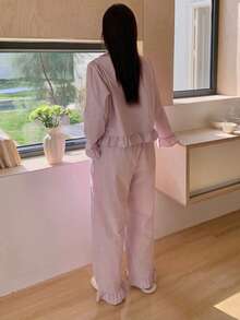 Dazy Plus 2 Stücke Damen Große Größen Niedliches Puppenhalskragen Schleife Blume Muster Locker Langarm Top und Lange Hose Pyjama Set, Frühling/Herbst - Altrosa - Übersicht 7