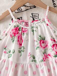 SHEIN Young Girls Pink Ditsy Floral Dress, Girls White Summer Party Ditsy Floral Contrast Color Polka Dot Spaghetti Strap Sleeveless Tiered Flowy Sundress - Pink - View 4