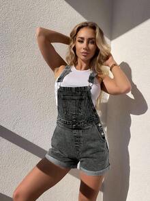 EMERY ROSE Women's Fashionable Washed Pocket Denim Bib Shorts, Summer - Dark Grey - View 3