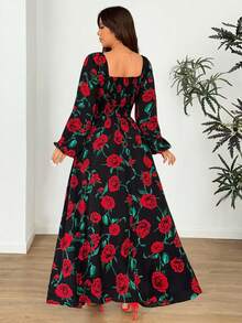 Vionelle Plus Size Elegant Rose Flower Print Sweetheart Neck Lantern Sleeve Dress, Autumn - Black - View 5