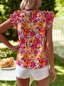 KARISMINA 满版花卉印花荷叶边衬衫、无袖上衣