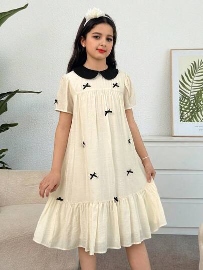 SHEIN Loose Elegant Peter Pan Collar Patchwork Bow Decor Dress For Teen Girls