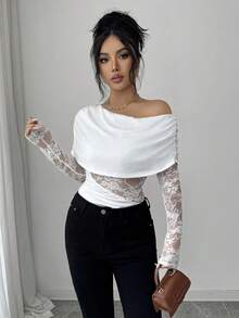 Elenzga Elegant Urban Chic New Women's White Lace Splice One-Shoulder Fitted Short Top, Suitable For Daily Wear, Weddings, Galas, Commuting, Graduation Parties, Holidays, Vacations, Dates, Parties, Halloween, Christmas, New Year, Thanksgiving, Weddings - White - View 4