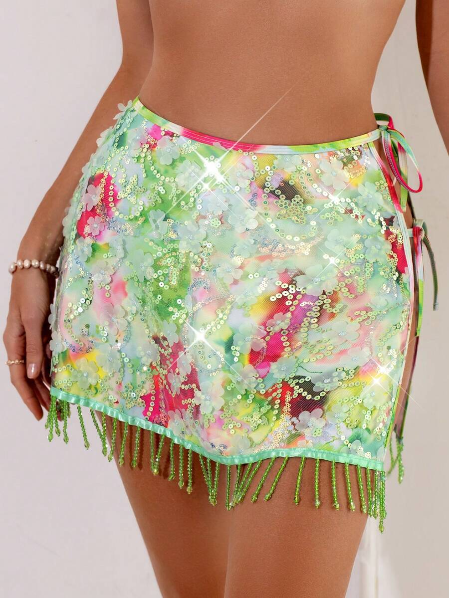 Swim Vcay Women's Beaded Sequin Embroidery Tie Dye Print Fabric Cover-Up Dress, Beach Party Vacation Style - Multicolor - View 1