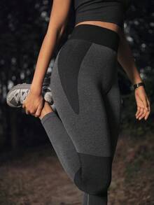 SHEIN In My Nature 女士高腰拼接撞色休闲百搭日常运动户外紧身裤 - 黑色 - 查看 5