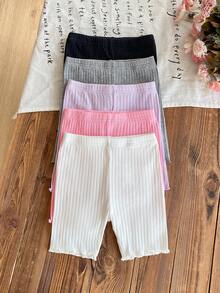 SHEIN 5件套女童纯色修身休闲打底裤/罗纹打底裤/罗纹骑行短裤/女童骑行短裤/女童罗纹针织骑行短裤/松紧腰女童柔软弹力罗纹纯色骑行短裤/罗纹短裤/骑行短裤/打底短裤/夏季长款短裤（搭配罗纹打底裤） - 彩色 - 查看 2