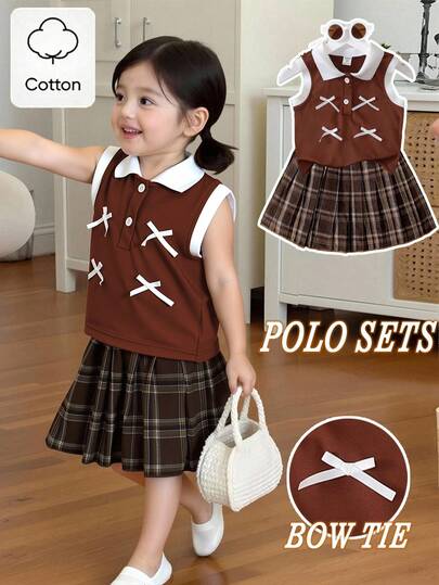 女童春夏polo衫套装，白色纯色罗纹针织背心搭配棕色梭织百褶裙两件套，学院风，可爱休闲，适合上学、郊游、聚会、度假等场合。