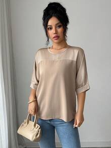 Elenzga Áo kiểu nữ mùa xuân/hè mới, chất liệu satin dệt họa tiết, cổ tròn, tay ngắn, vai rớt, dáng rộng, thoải mái, dễ mặc hàng ngày. - Màu Khaki - Xem 6