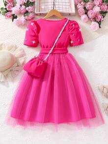 1pc Girls Sweet Princess Style Square Neck Puff Sleeve Dress + Bow Waist Belt Flared Skirt Dress Set, Suitable For Dates And Gatherings In Summer - Hot Pink - View 2