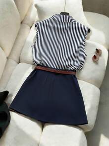 Franclia Women's Striped Shirt And Asymmetric Ruffle Skirt Pants, Elegant 2-Piece Suit Set - Navy Blue - View 2