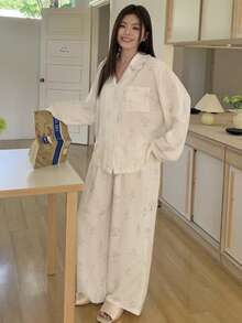 Dazy Plus 2pcs Casual Floral Print Loose Fit Long Top And Pants Pajama Set, Spring/Summer/Autumn - White - View 5
