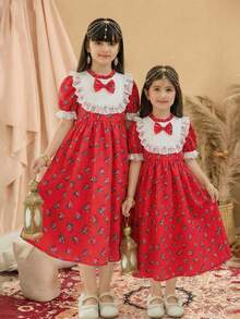 1 pieza Vestido de verano nuevo para niñas con estampado floral rojo, manga corta de globo, cuello de encaje blanco, cintura elástica, largo medio, estilo vintage de princesa - Rojo - Ver 3
