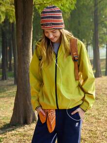 SHEIN In My Nature 女士时尚多功能拉链抽绳连帽户外外套，适合春秋季穿着 - 黃色 - 查看 1