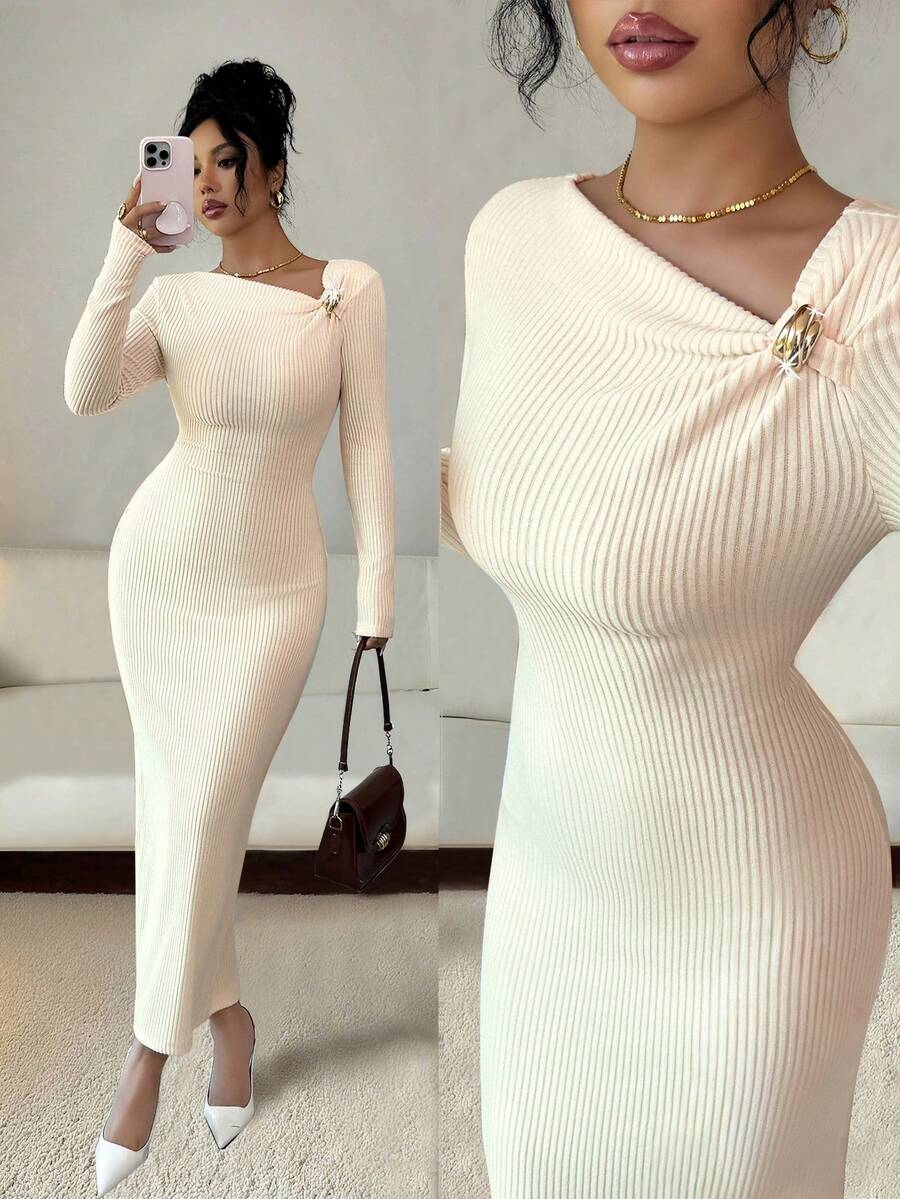 Elenzga Women's Solid Color Metal Decor Asymmetric Collar Long Sleeve Fitted Ribbed Midi Dress