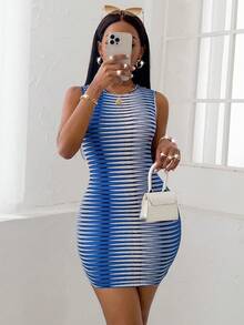 SHEIN VaVaLuxe 幾何印花緊身連衣裙 - 藍白色 - 查看 5