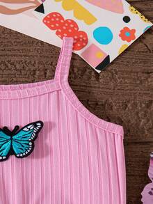 SHEIN 3件套女婴夏季休闲纯色罗纹连体衣，蝴蝶印花，3D蝴蝶结装饰，无袖 - 彩色 - 查看 8