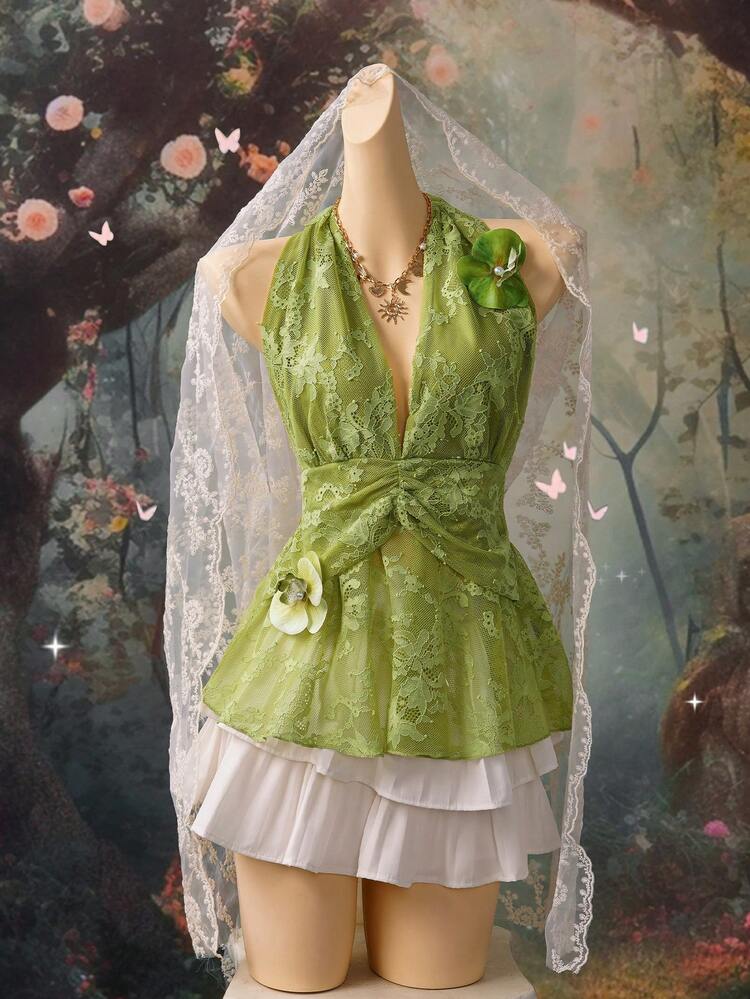 EgrlEra 女士度假吊带系带露肩上衣，夏季收腰性感露肩上衣 - 綠色 - 查看 7