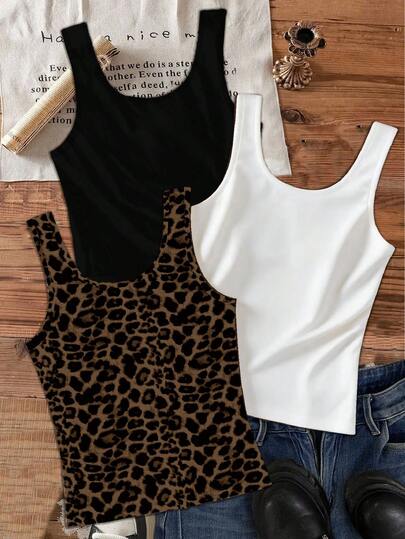 SHEIN EZwear 3 piezas Camisetas de tirantes casuales y versátiles de cuello redondo para mujer