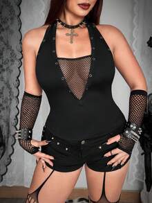 Whyspr Spring, Summer, Fall, Western New Gothic Sexy Hollow Fabric Splice Design Eyelet Semi-Sheer Halter V-Neck T-Shirt, Slim Fit Off The Shoulder Blackless Going Out Tops For Women - Black - View 3