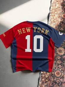 Aesthetic Post 复古街头风，巴塞罗那纽约字母徽章图案，男士红蓝撞色短袖运动T恤 - 彩色 - 查看 2