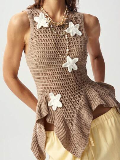 Bohemela Casual Asymmetric Hem Sleeveless Starfish Decor Knit Top, Summer