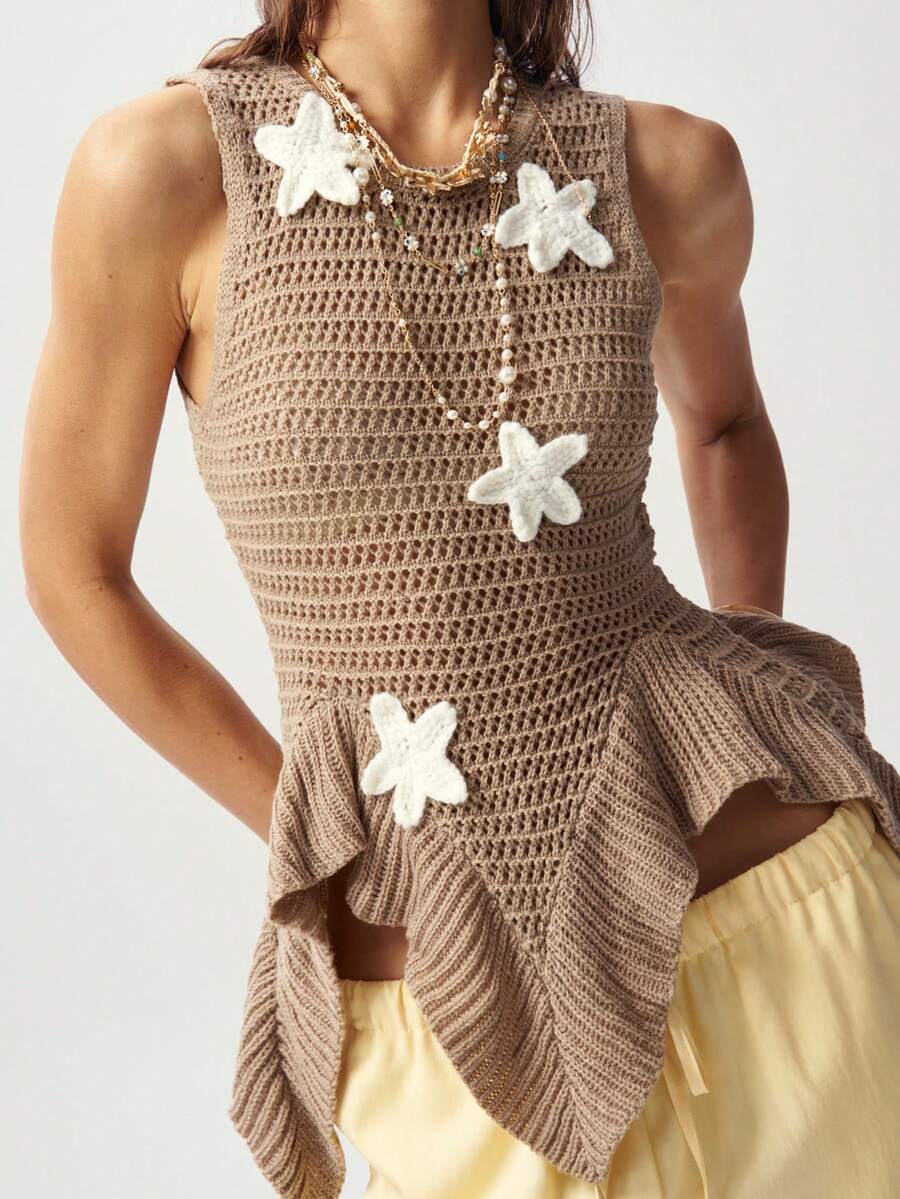Bohemela Casual Asymmetric Hem Sleeveless Starfish Decor Knit Top, Summer - Khaki - View 1