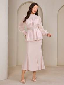 Graceveil 2pcs Women's Elegant High Collar Pleated Jewel Embellished Blouse Set Elegant Two Piece Set Tall Two Piece Set - Dusty Pink - View 4