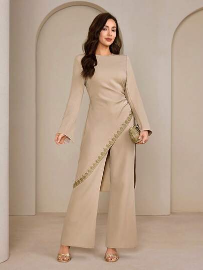 Graceveil Women's Apricot Crew Neck Long Sleeve Cinched Waist Asymmetric Hem Long Top & Flared Leg Casual Pants Set Two Piece Outfit