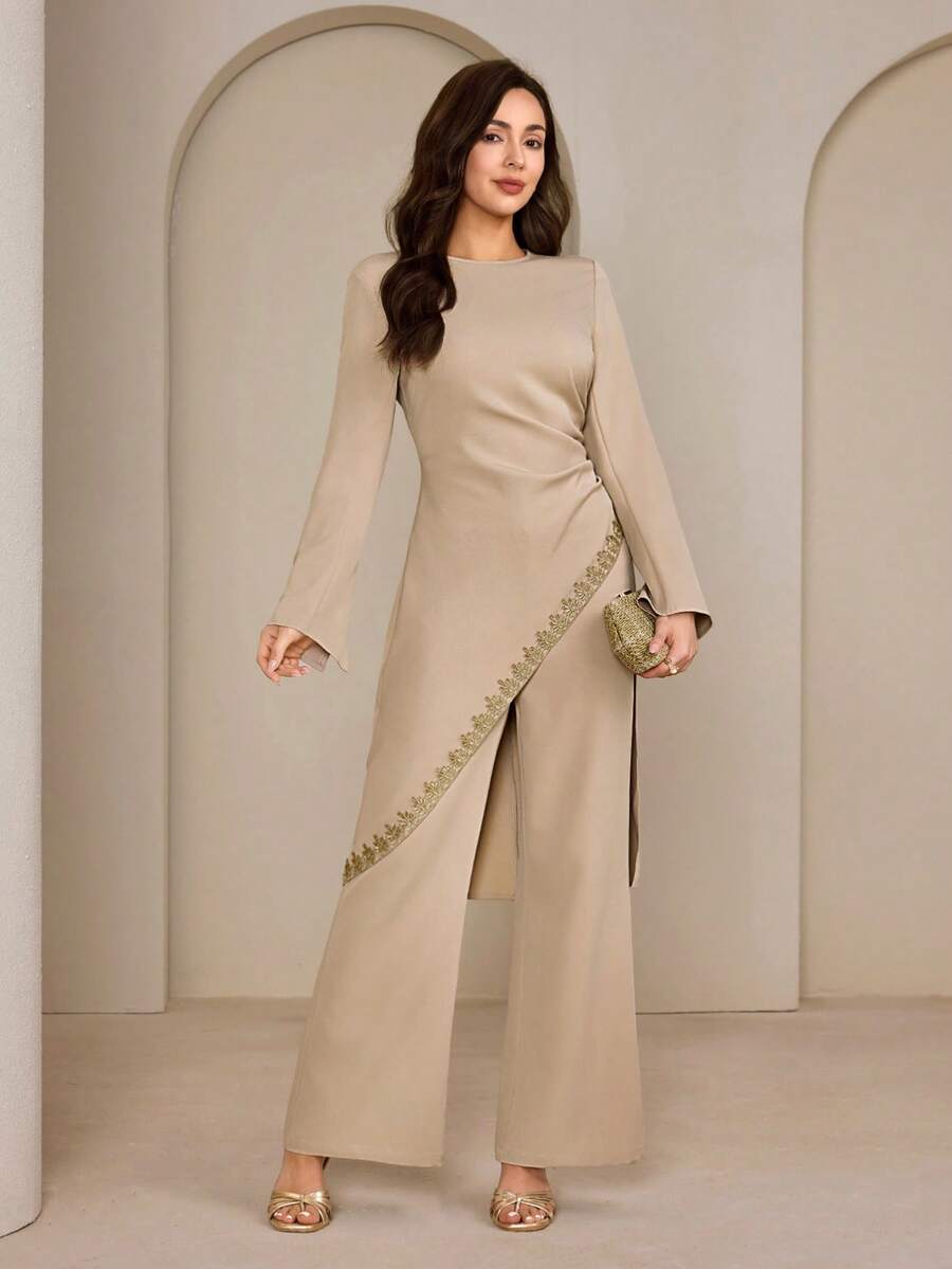 Graceveil Women's Apricot Crew Neck Long Sleeve Cinched Waist Asymmetric Hem Long Top & Flared Leg Casual Pants Set Two Piece Outfit - Apricot - View 1