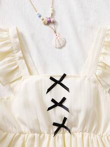SHEIN 1件纯色荷叶袖蝴蝶结装饰腰部荷叶边下摆衬衫，优雅通勤风，质感度假衬衫 - 杏色 - 查看 5
